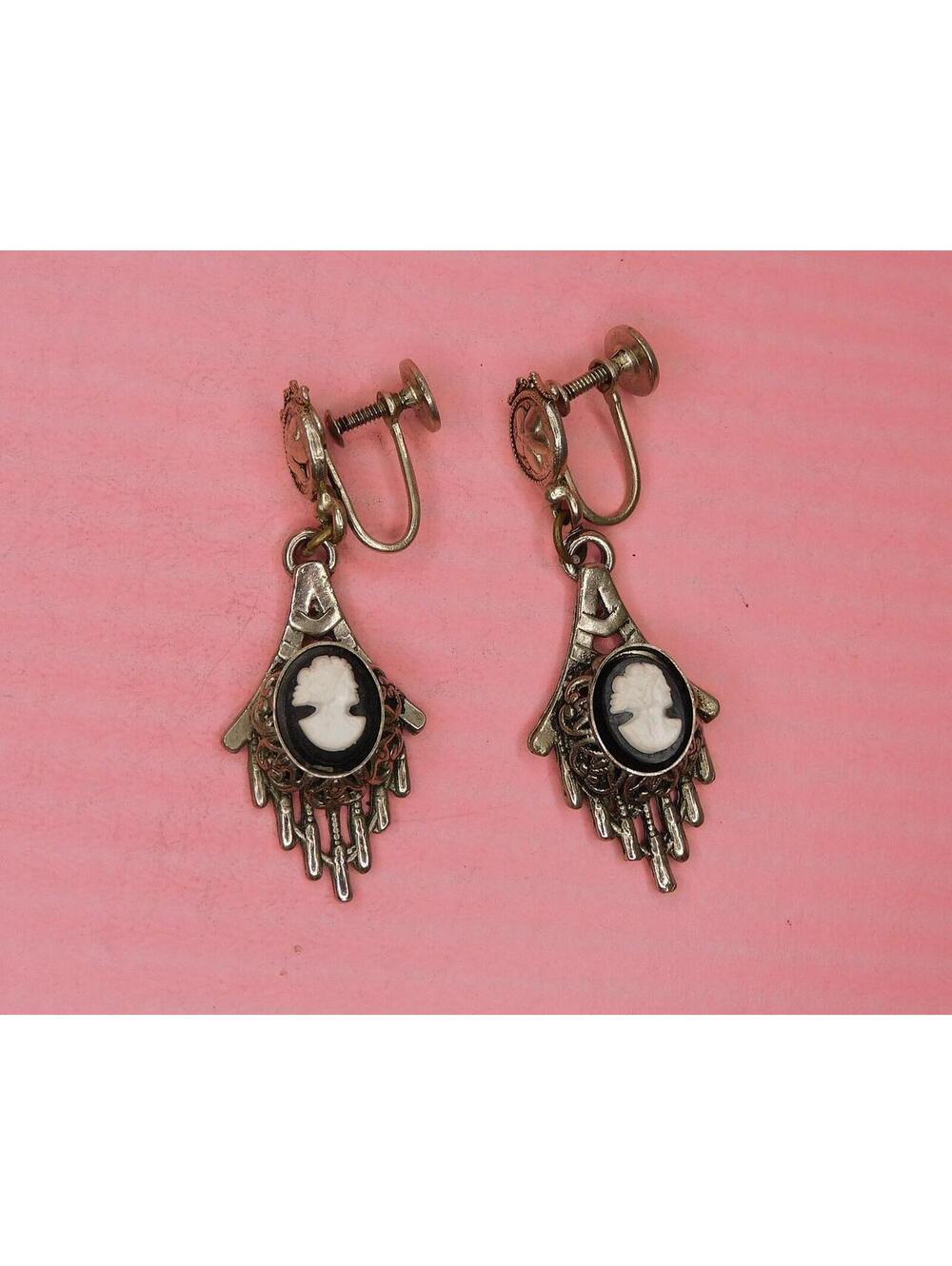 Vintage Cameo Silver Metal Screwback Dangle Earrings